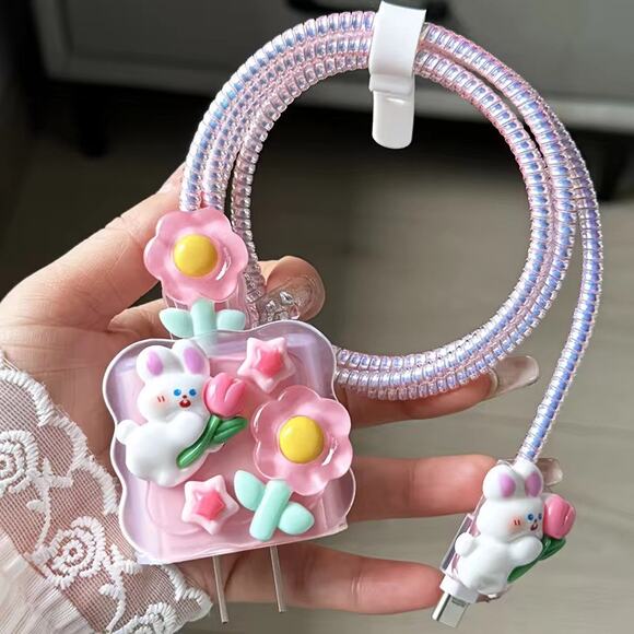 Super Cute Bunny Flower iPhone Charger Cable Protectors P20 - Picture 1 of 6